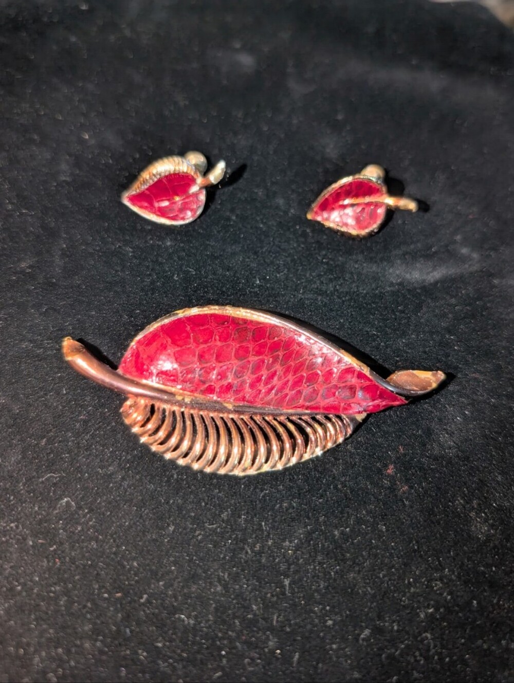 Vintage Red Leaf Leather Brooch and Earring Set
